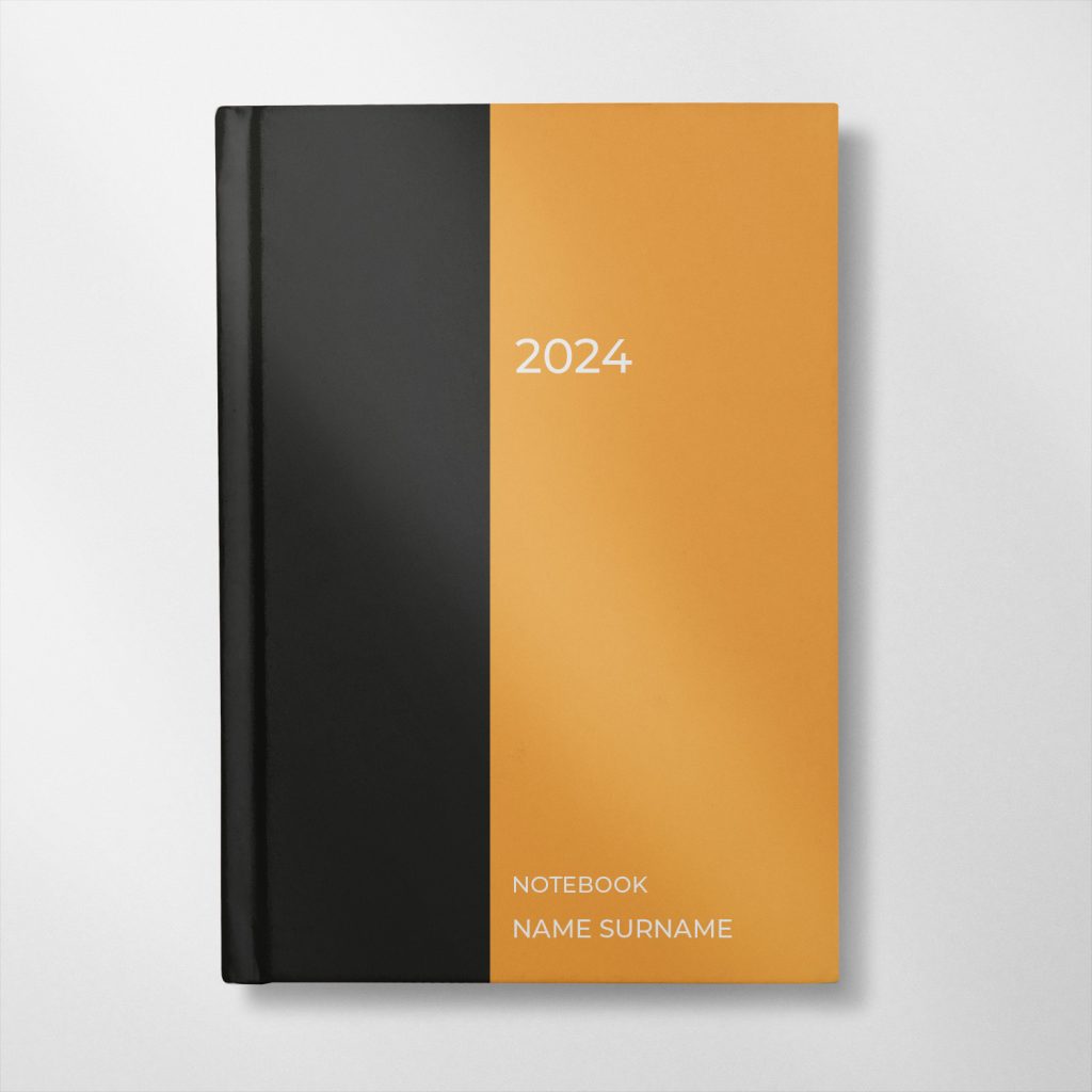 personalised black and orange colour design notebook