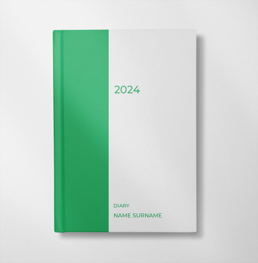 personalised green and white design diary